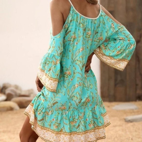 Floral Cold Shoulder  Ruffle Hem Dress - Picture 8 of 8